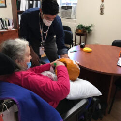 Notre Dame’s Mrs. A busy making Spooky Pumpkin for her Grandson and to be entered into our Halloween Contest!